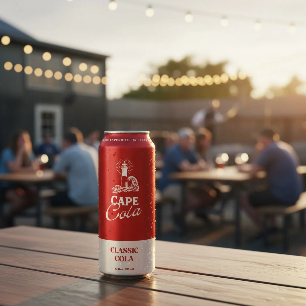 Two cans of Cape Cola on a table in the Cape Cod Beer garden