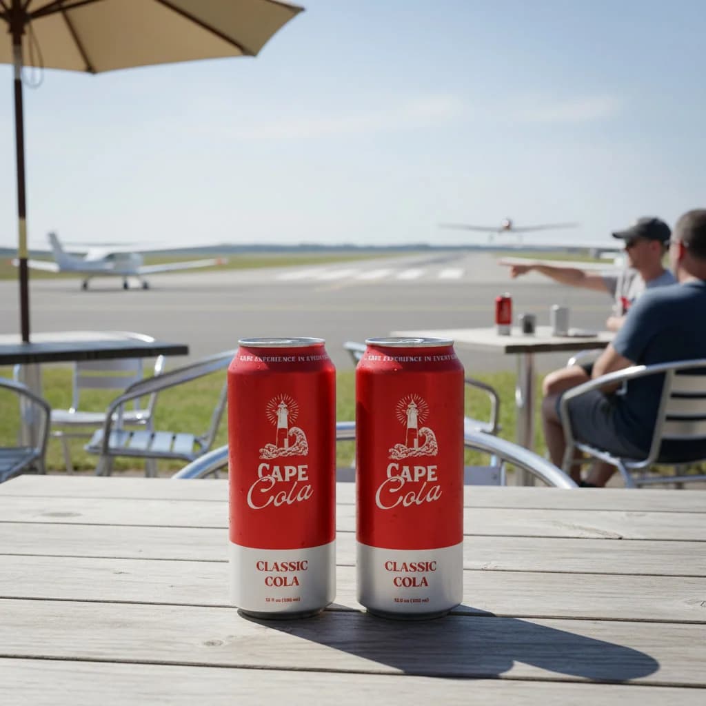 Two cans of Cape Cola on a table at the airport café with a plane in the background