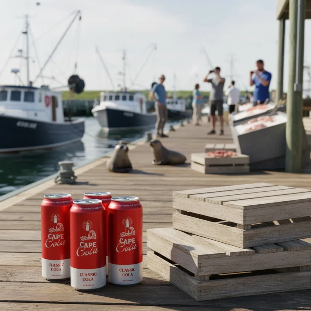 Cape Cola cans on wooden crates at Chatham Fish Pier dock