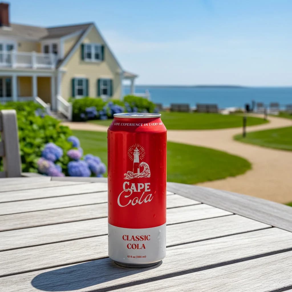 Two cans of Cape Cola on a table along Chatham's Main Street