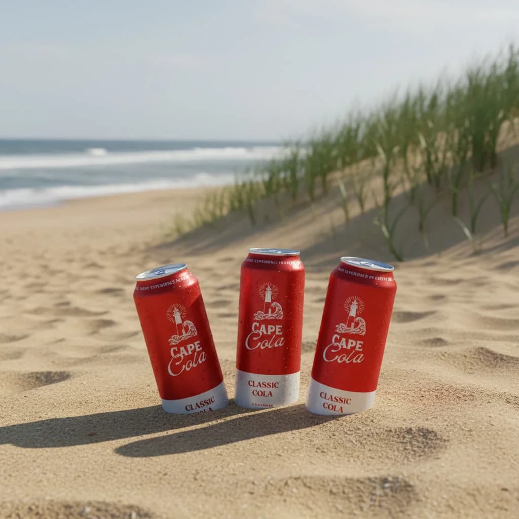 Two cans of Cape Cola resting on the beach at Coast Guard Beach