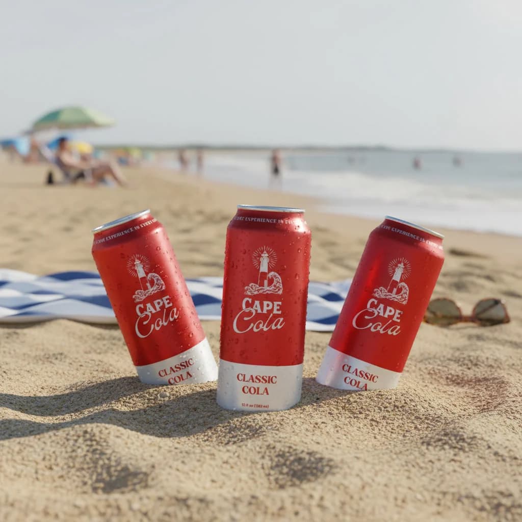 Two cans of Cape Cola resting on the sand at Craigville Beach