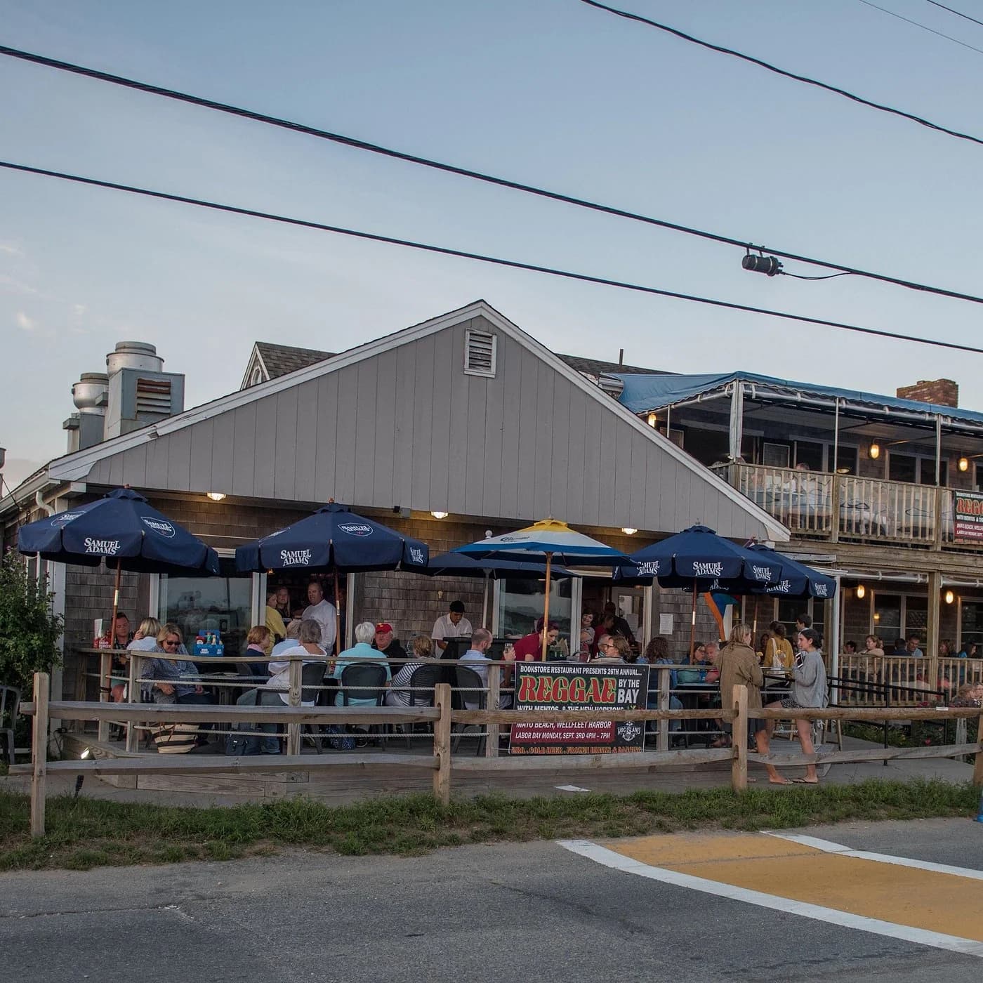 The Bookstore & Restaurant waterfront patio in Wellfleet Harbor