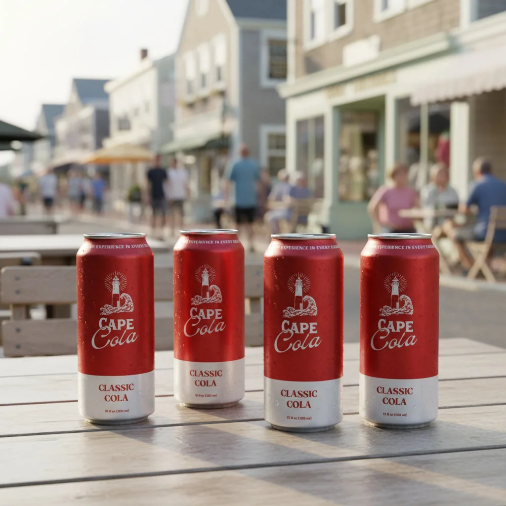 Cape Cola cans on a picnic table on Falmouth's Main Street