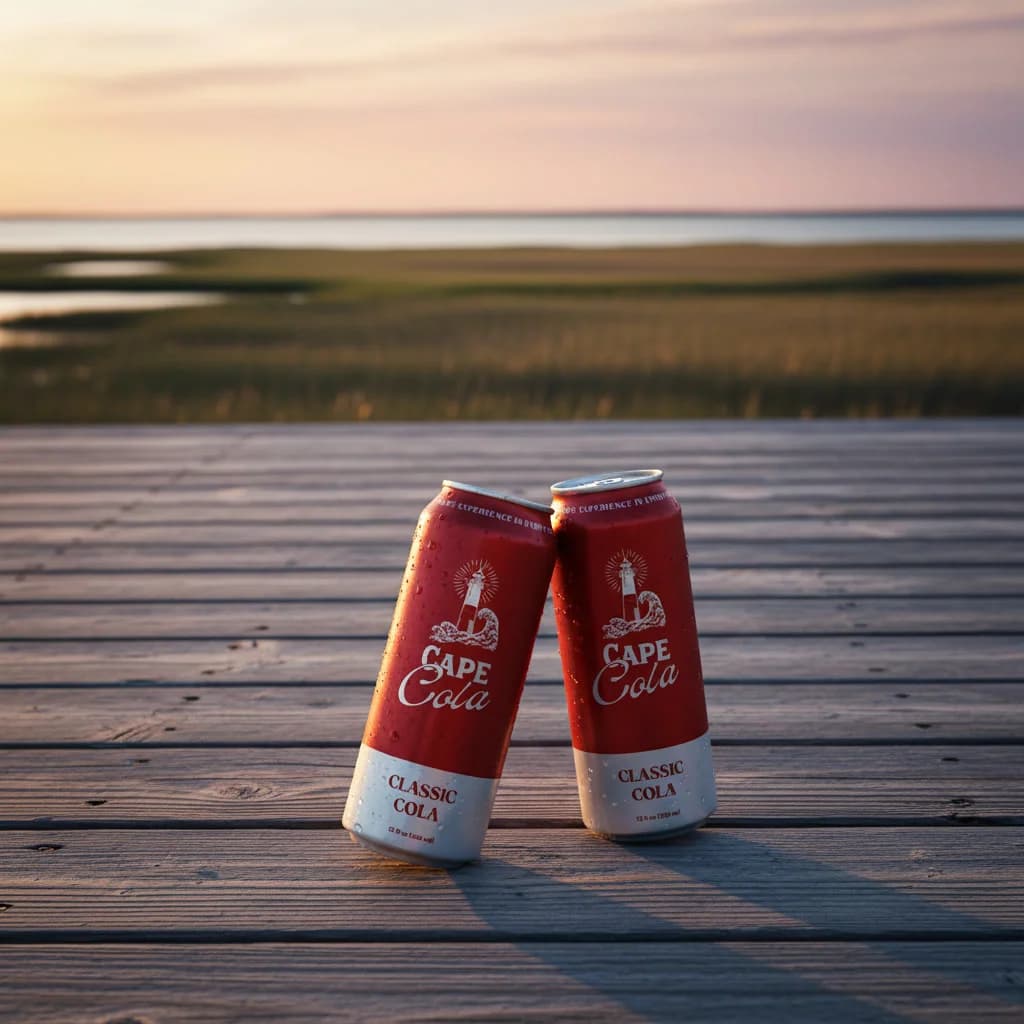Two cans of Cape Cola on the boardwalk railing at Gray’s Beach