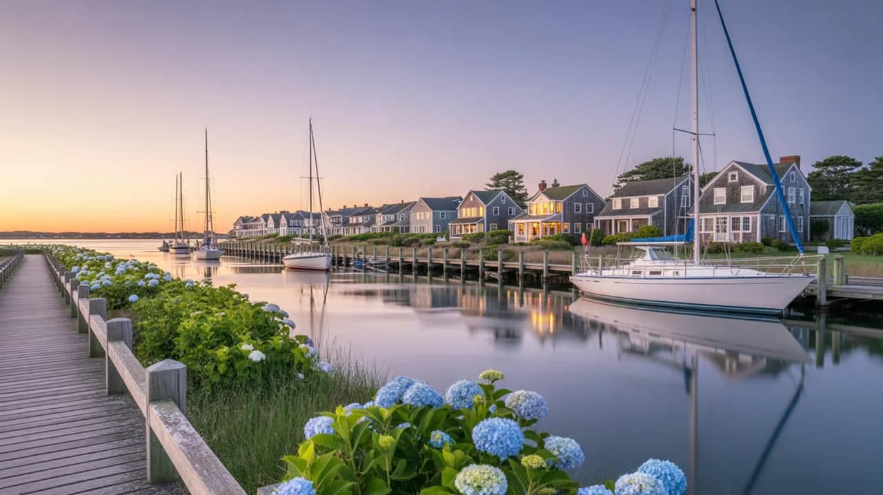 Hydrangeas and sailboats along the Harwich Port waterfront at dusk