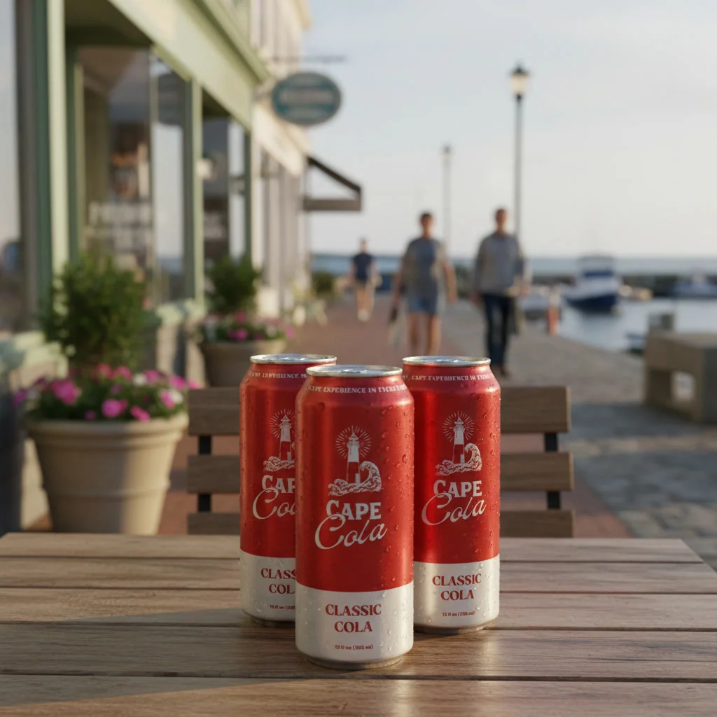 Three Cape Cola cans on a boardwalk overlooking the harbor