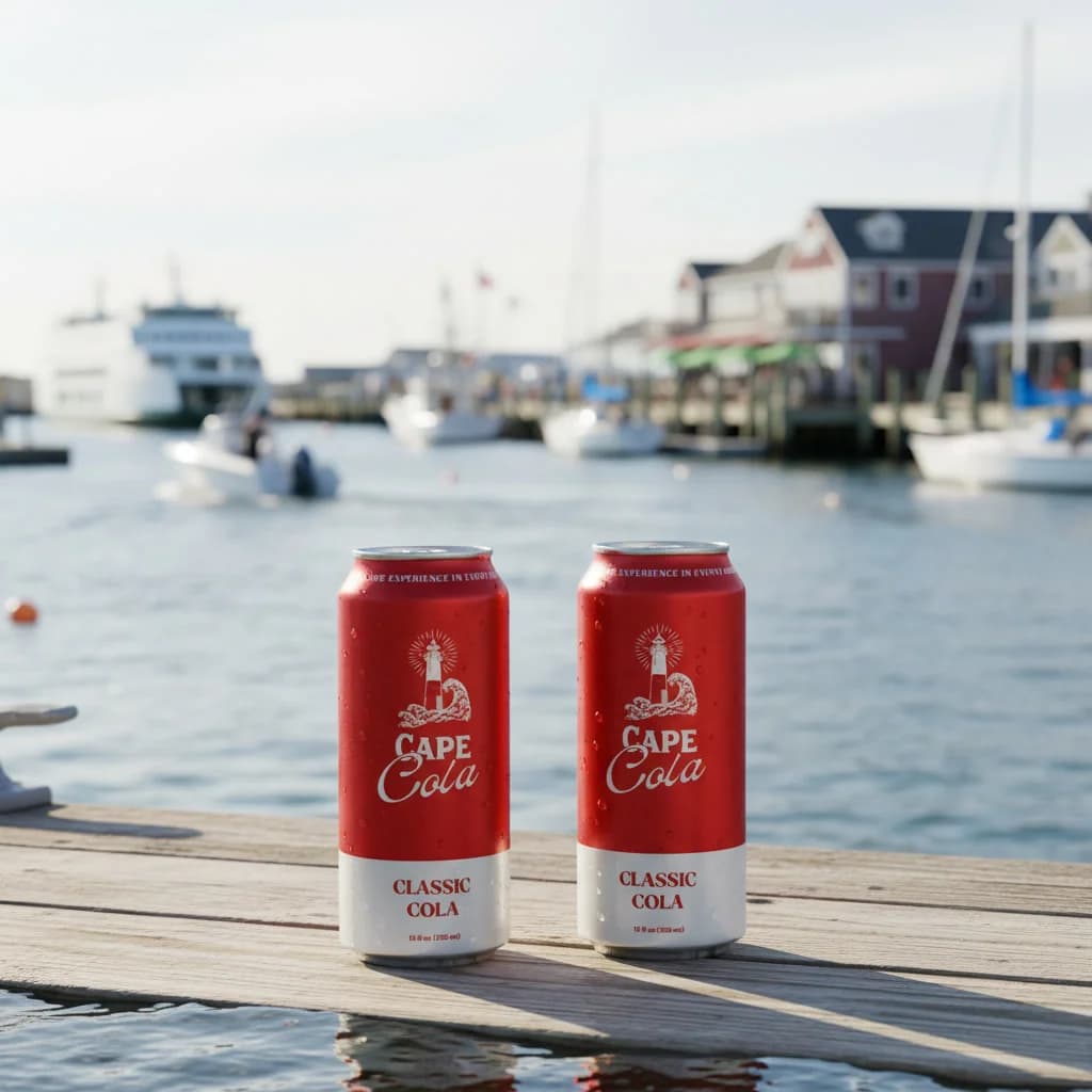 Three cans of Cape Cola on a table along Hyannis Main Street