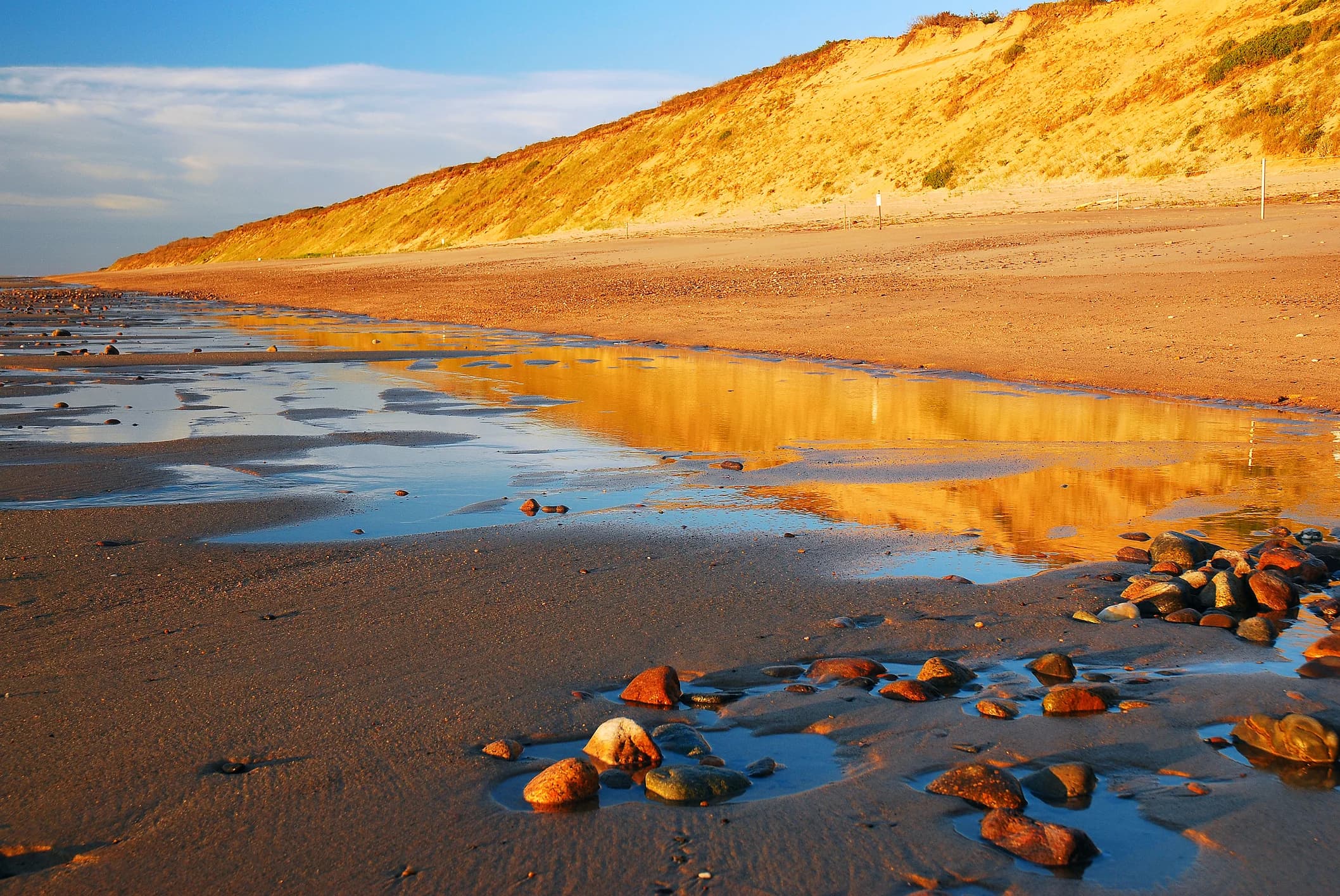 Dramatic sand cliffs and rocky shoreline at Marconi Beach, Cape Cod