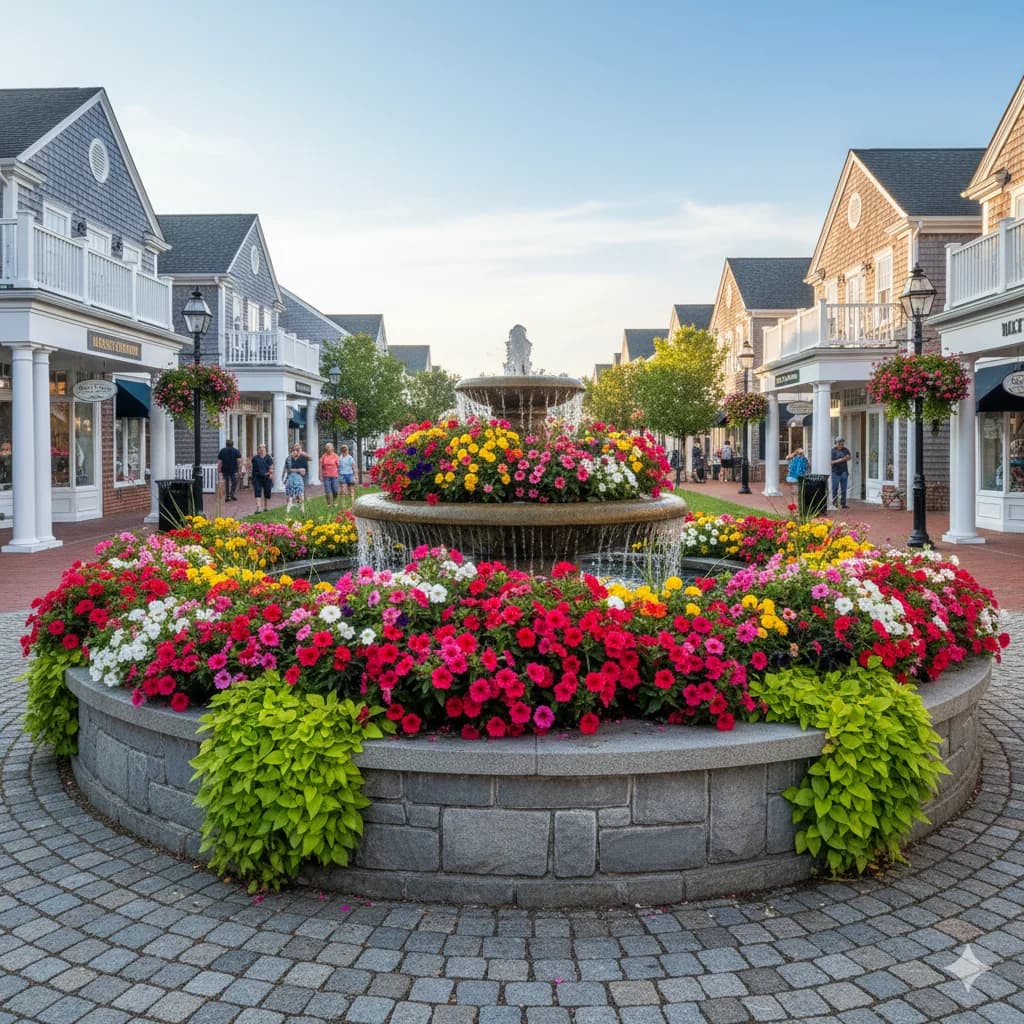 Flower-filled fountain in the brick courtyard at Mashpee Commons