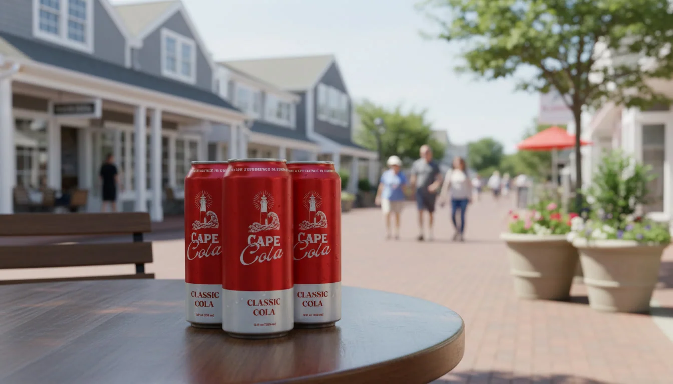 Three cans of Cape Cola on a table at Mashpee Commons