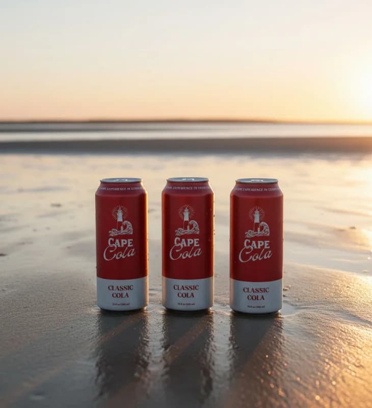 Three cans of Cape Cola on the beach at sunset