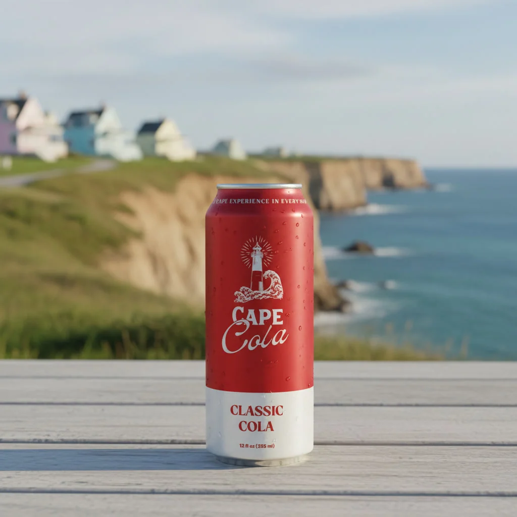 Two cans of Cape Cola on a railing above a Martha’s Vineyard beach