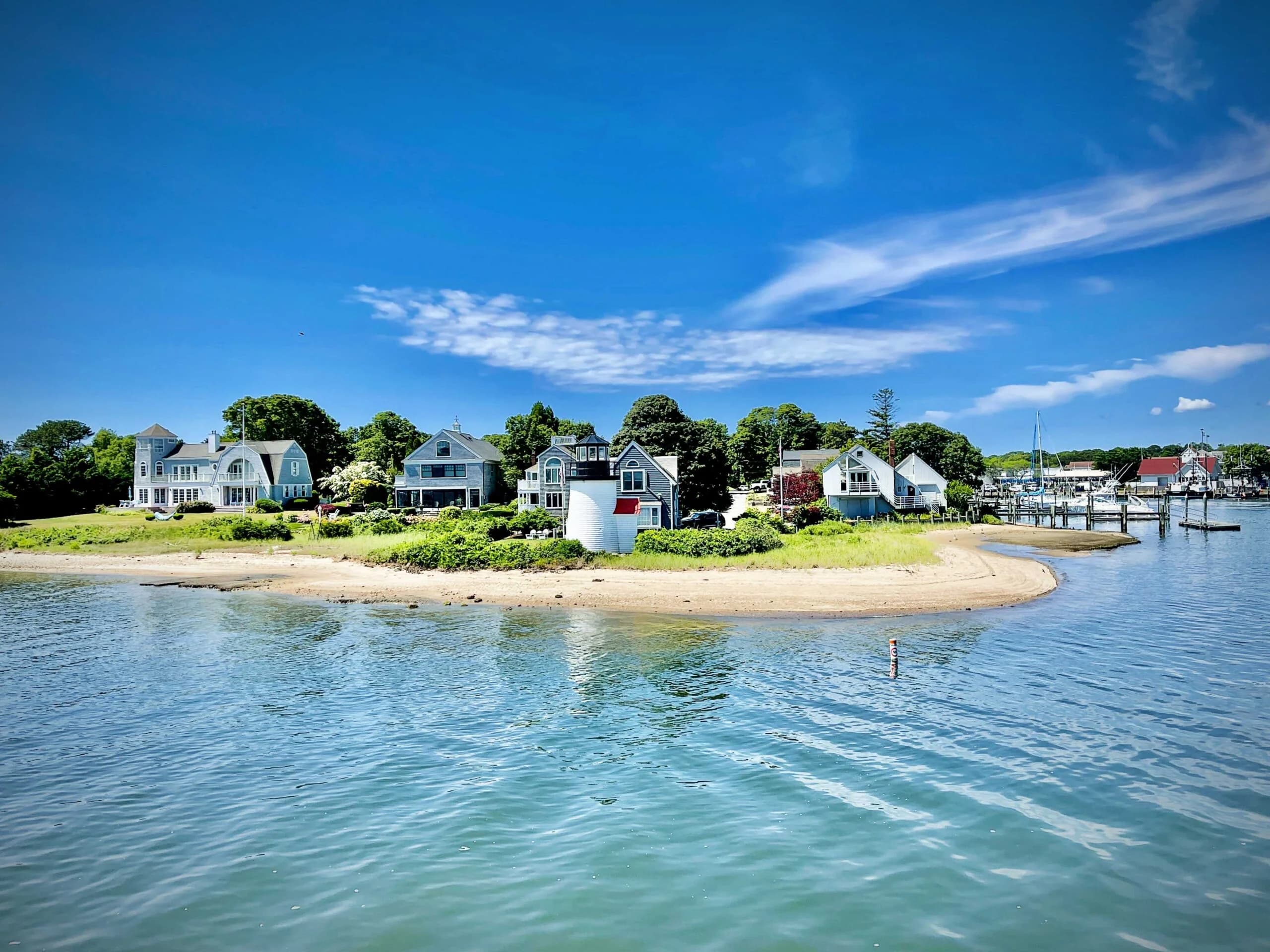 Cedar-shingled cottages along the Nantucket shoreline