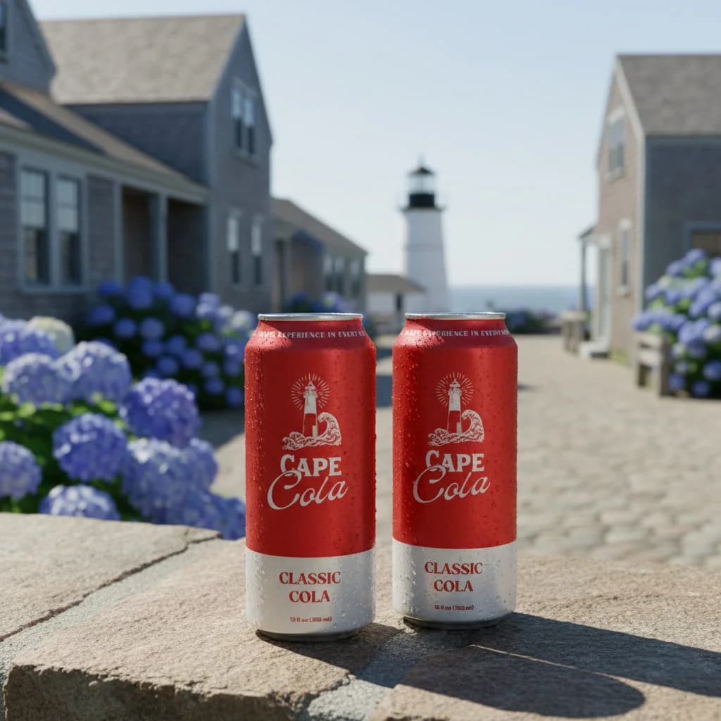 Two cans of Cape Cola on a stone wall by the beach