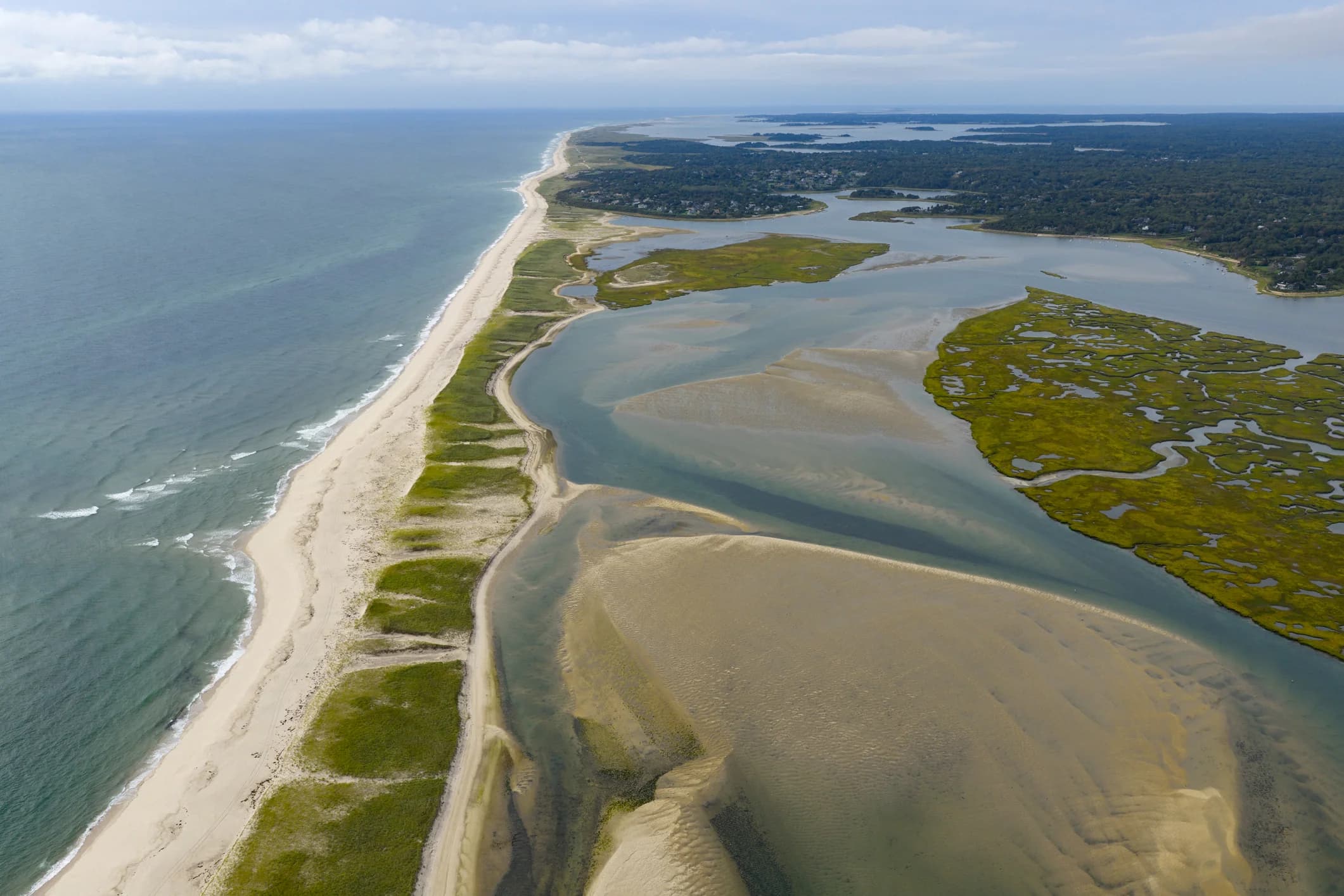 Aerial view of the Nauset barrier beach system protecting Cape Cod
