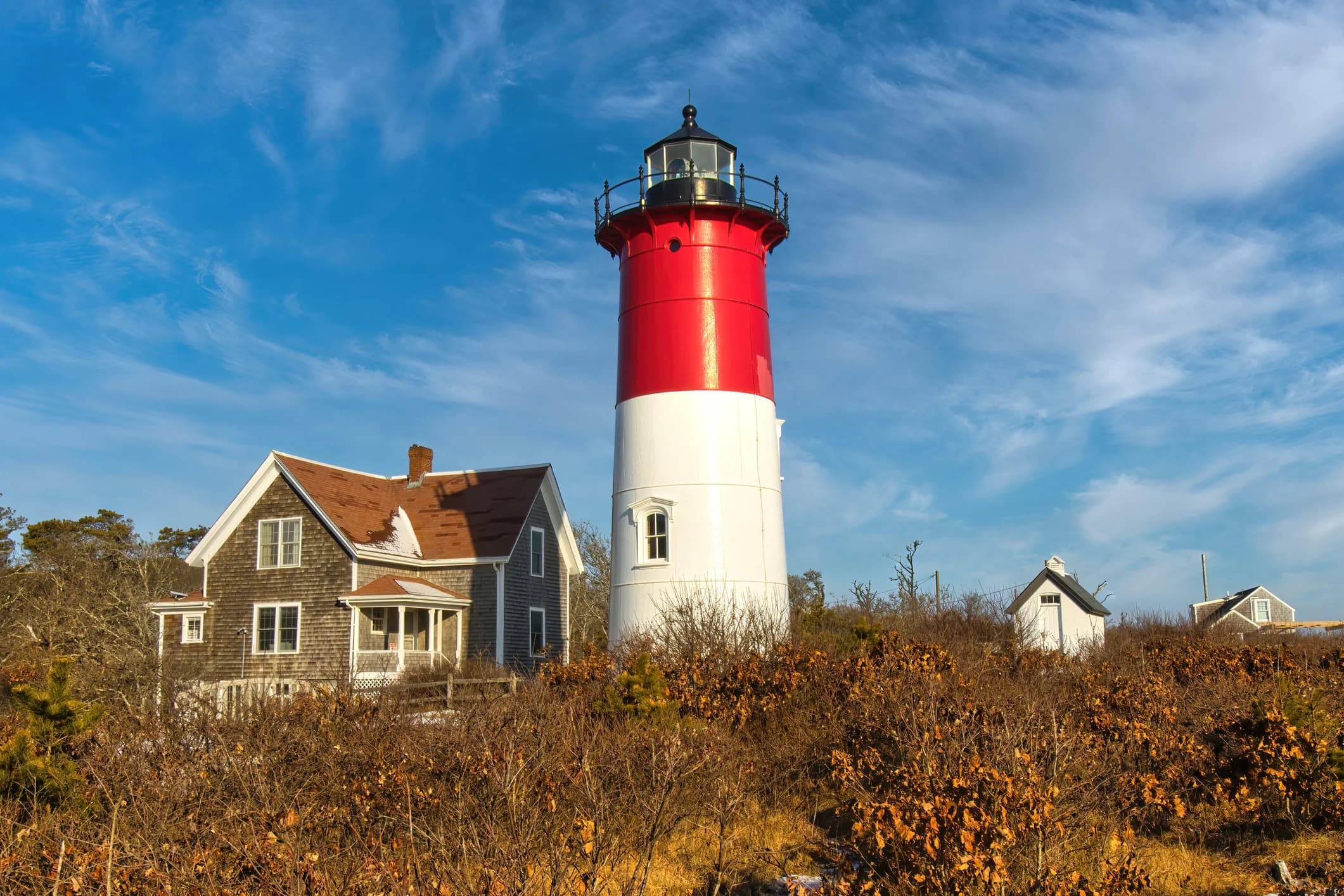 Nauset Light, the iconic red-and-white lighthouse in Eastham, Cape Cod