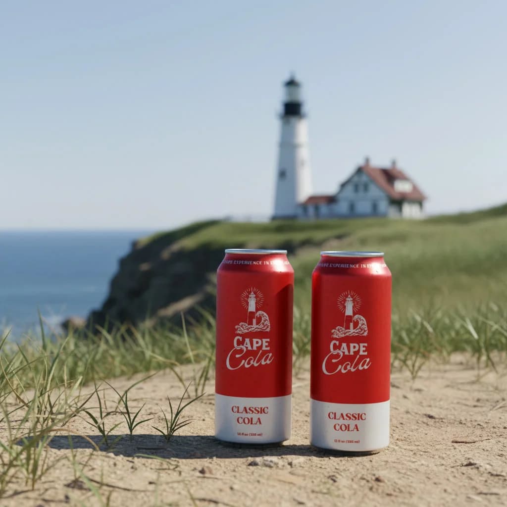 Two cans of Cape Cola near a lighthouse on the Cape Cod coast