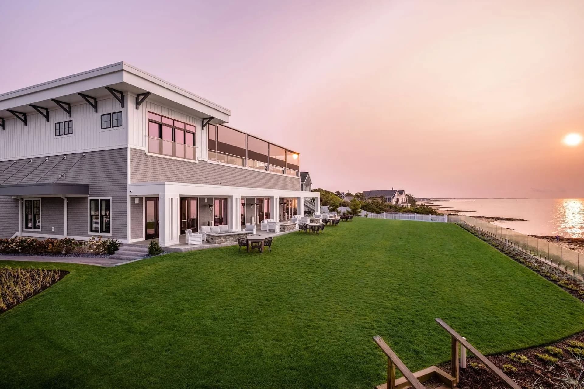 Pelham House Resort oceanfront view with lawn and ocean in background