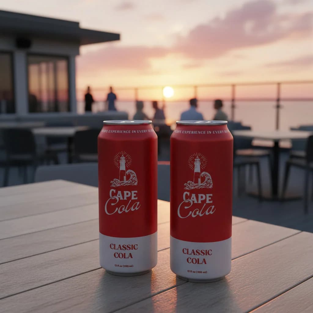 Two cans of Cape Cola on a rooftop deck overlooking the ocean at sunset