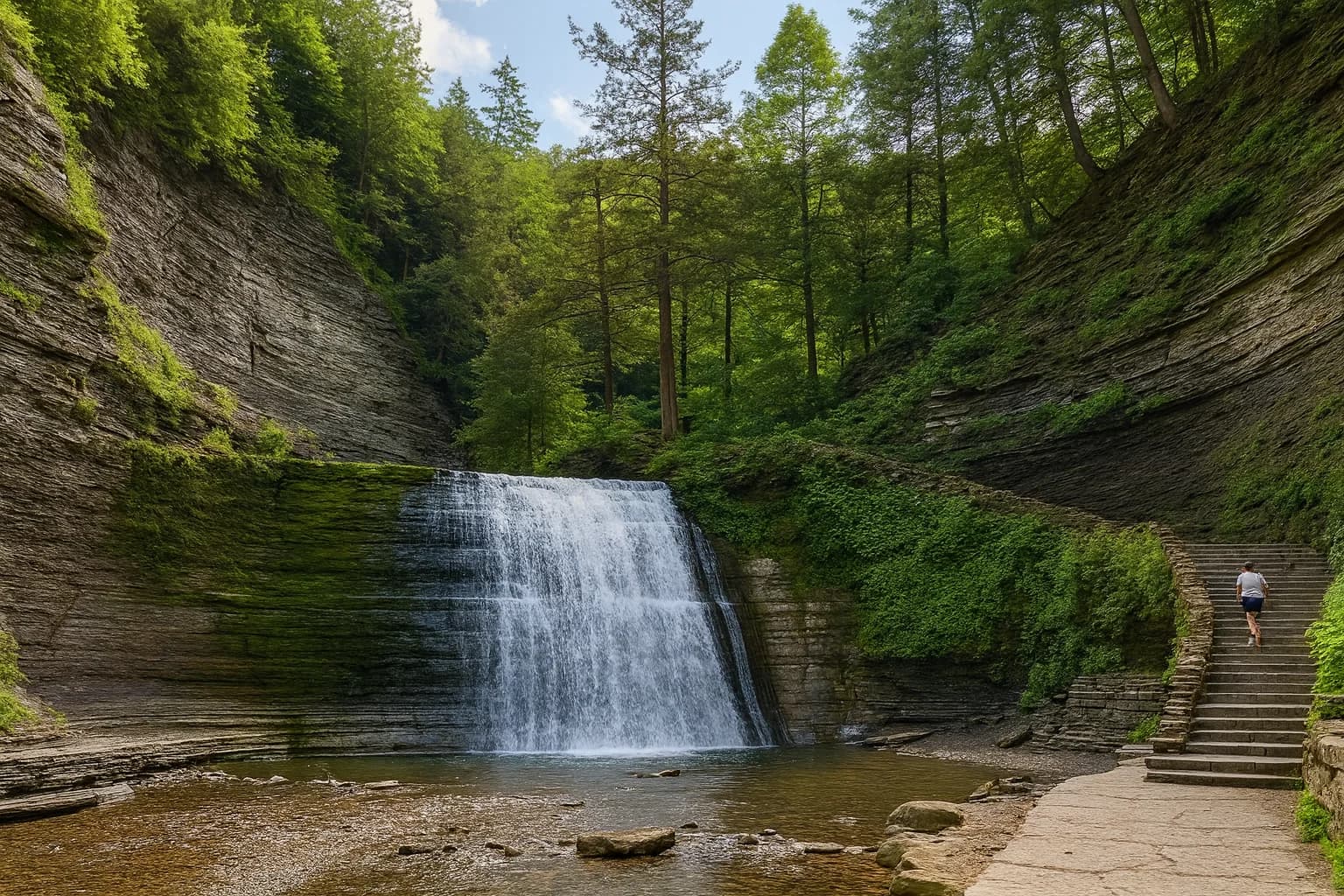 Lush forest waterfall representing the natural landscape of Cape Cod's Pilgrim Spring area