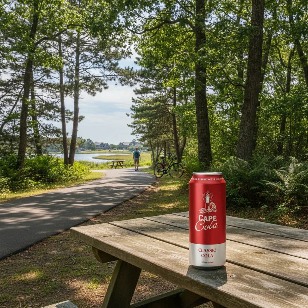 Two cans of Cape Cola resting beside the rail trail