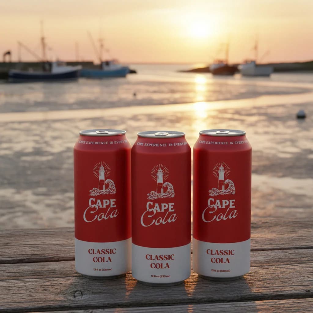 Cape Cola cans at sunset on a Rock Harbor dock