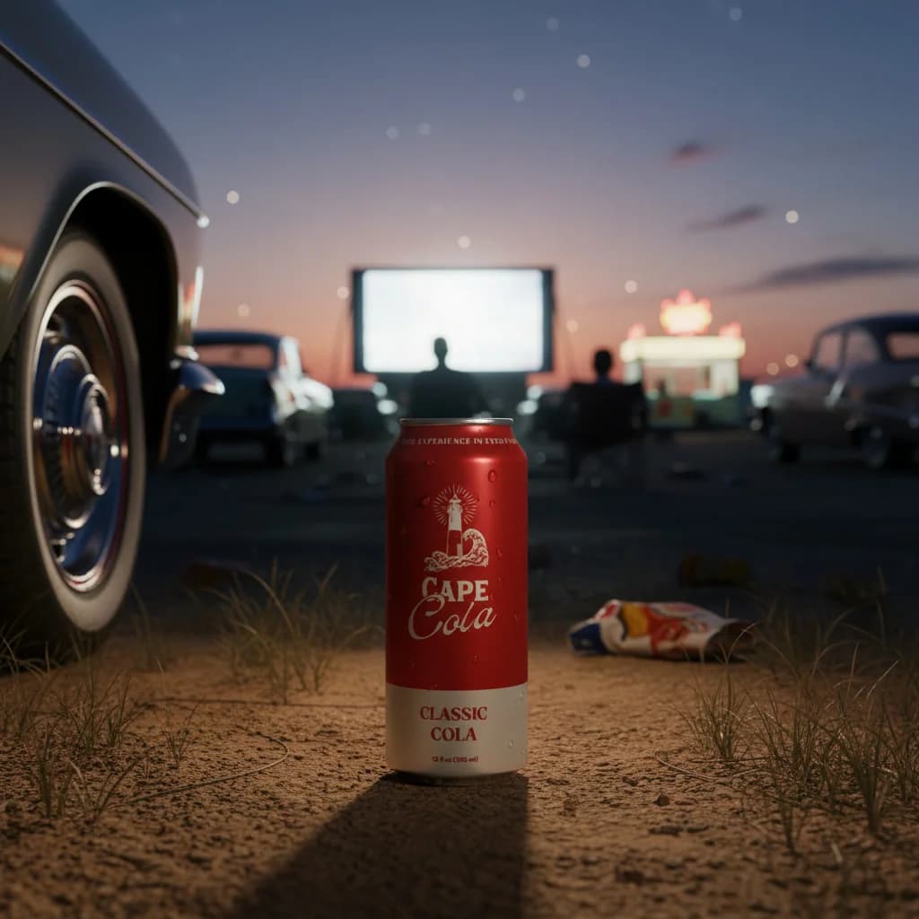 Cape Cola can in the foreground with a drive-in screen and vintage cars at sunset