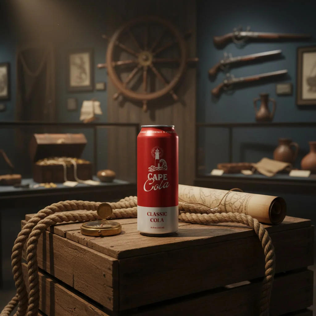 A can of Cape Cola on a pirate-themed wooden chest with a treasure map